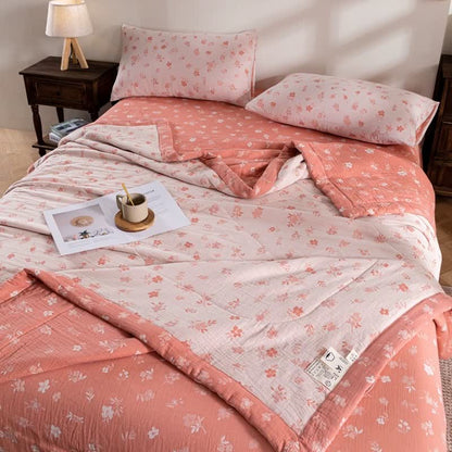 Couette d'été double couche en coton à motif floral rose