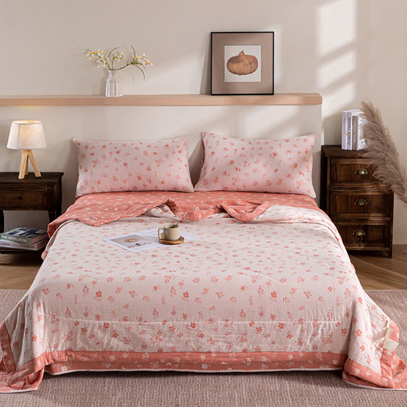 Couette d'été double couche en coton à motif floral rose
