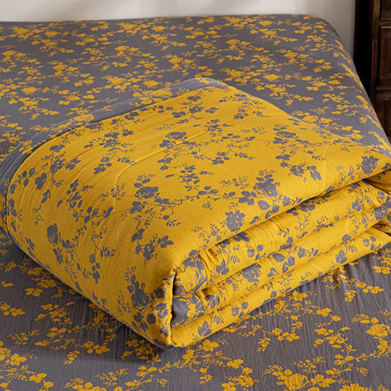 Couette d'été jaune double épaisseur en coton à motif floral