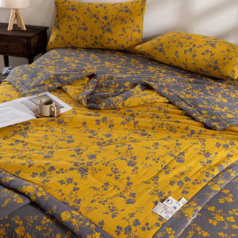 Couette d'été jaune double épaisseur en coton à motif floral