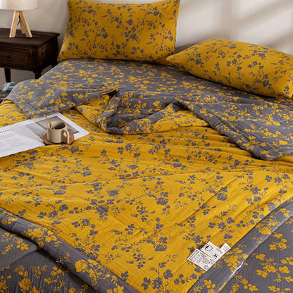 Couette d'été jaune double épaisseur en coton à motif floral