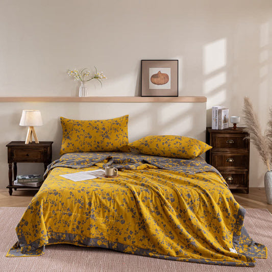 Couette d'été jaune double épaisseur en coton à motif floral
