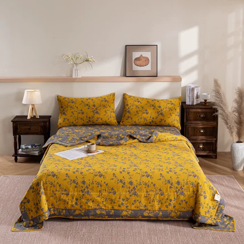 Couette d'été jaune double épaisseur en coton à motif floral