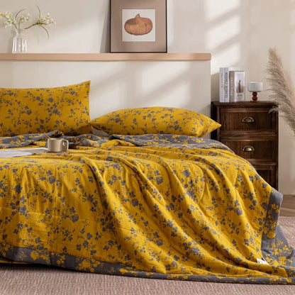 Couette d'été jaune double épaisseur en coton à motif floral