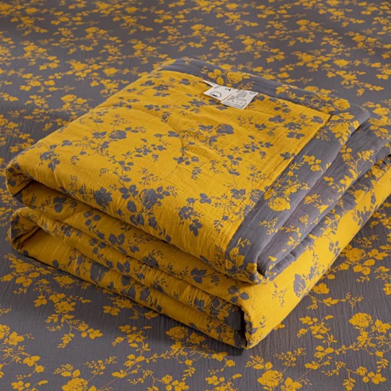 Couette d'été jaune double épaisseur en coton à motif floral