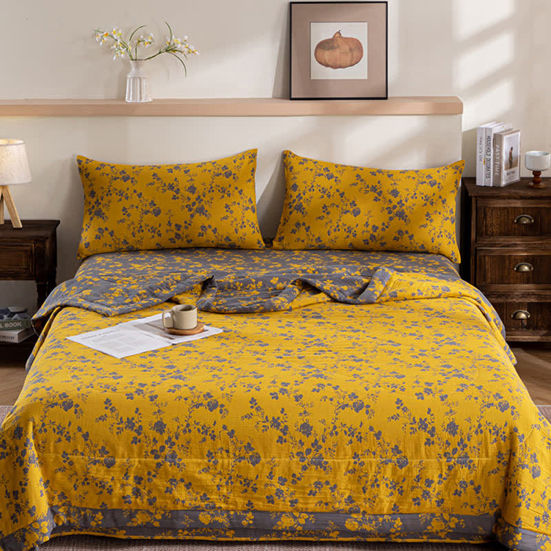 Couette d'été jaune double épaisseur en coton à motif floral