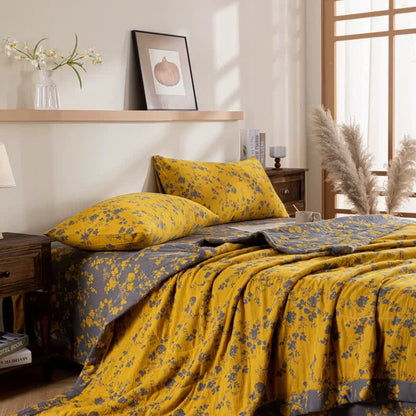 Couette d'été jaune double épaisseur en coton à motif floral