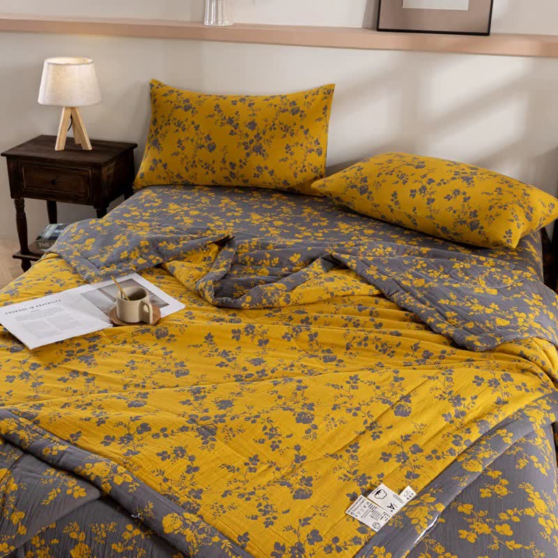 Couette d'été jaune double épaisseur en coton à motif floral