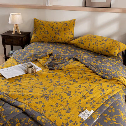 Couette d'été jaune double épaisseur en coton à motif floral