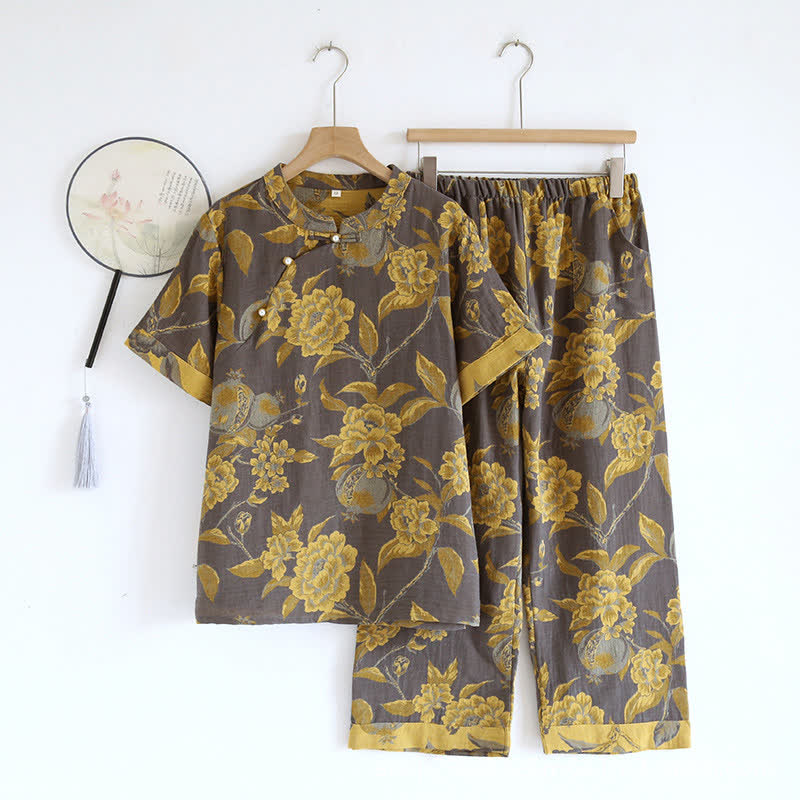 Ensemble de vêtements d'intérieur rétro à manches courtes en coton teint en fil