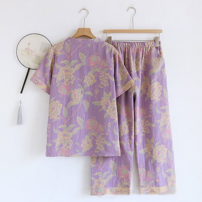 Ensemble de vêtements d'intérieur rétro à manches courtes en coton teint en fil