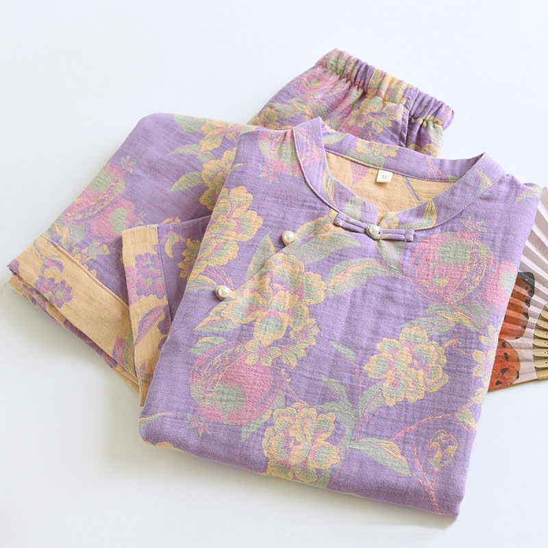 Ensemble de vêtements d'intérieur rétro à manches courtes en coton teint en fil