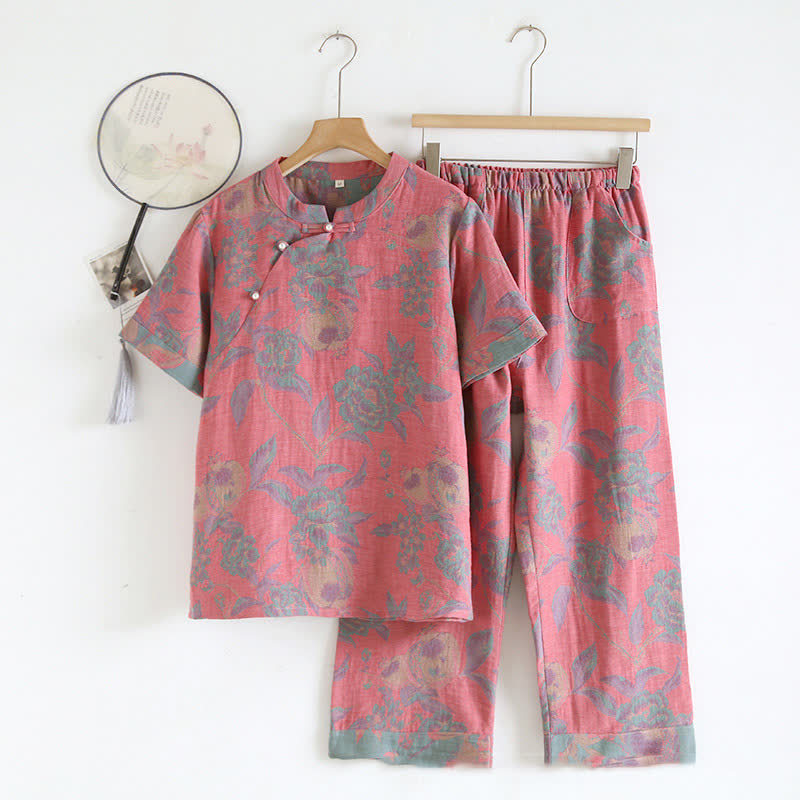 Ensemble de vêtements d'intérieur rétro à manches courtes en coton teint en fil