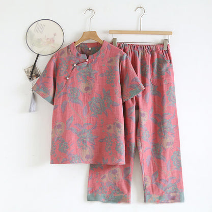 Ensemble de vêtements d'intérieur rétro à manches courtes en coton teint en fil