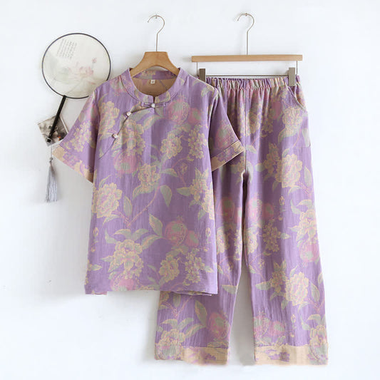 Ensemble de vêtements d'intérieur rétro à manches courtes en coton teint en fil