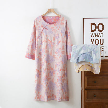 Chemise de nuit vintage à col rond en coton teint en fil