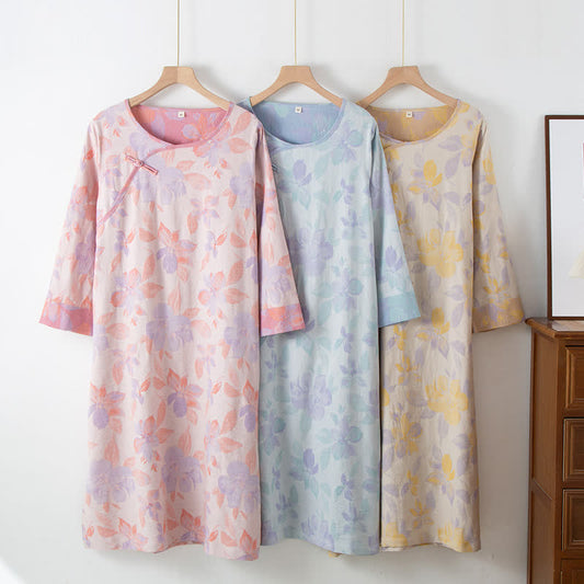 Chemise de nuit vintage à col rond en coton teint en fil