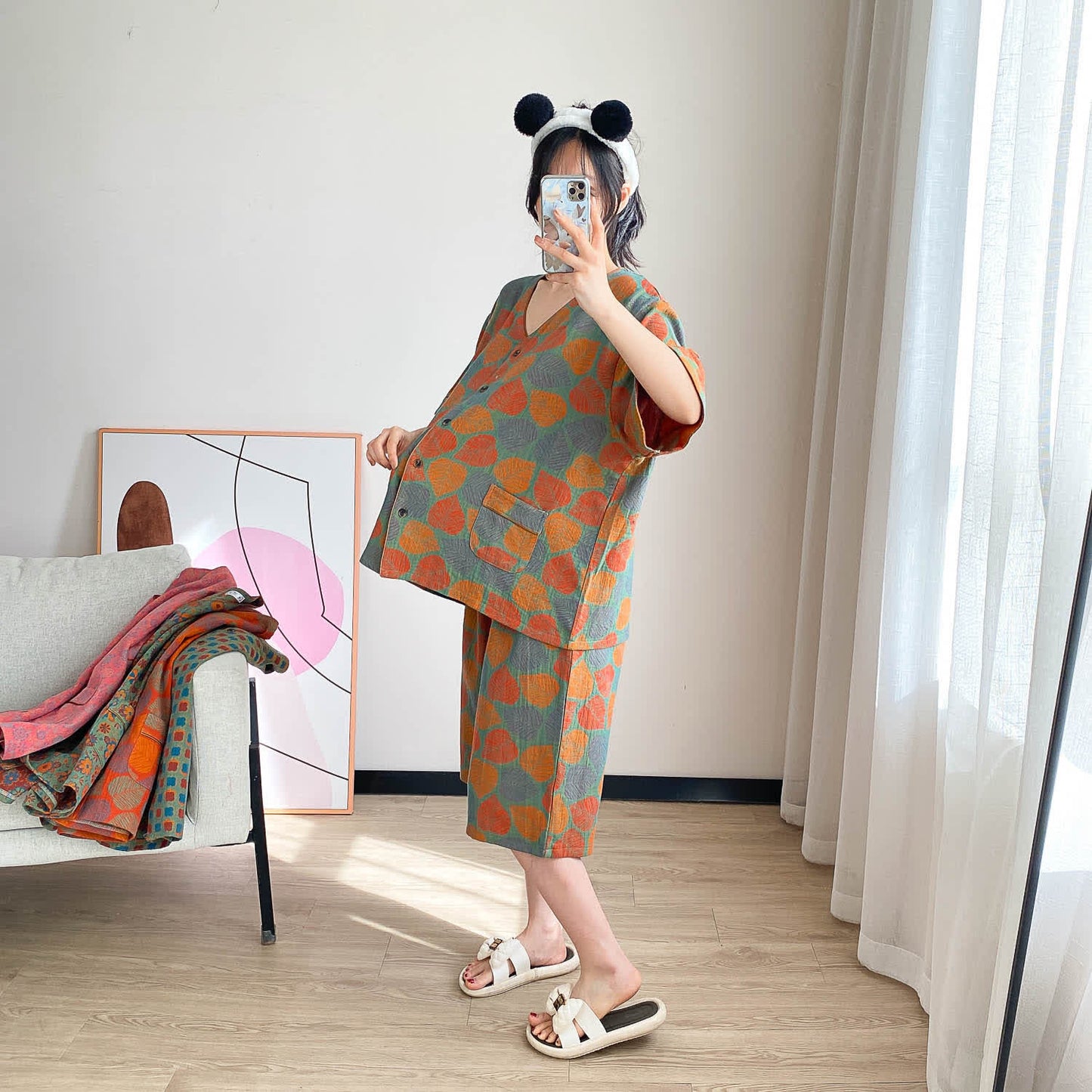 Ensemble de vêtements d'intérieur à manches courtes et imprimé jacquard vintage grande taille