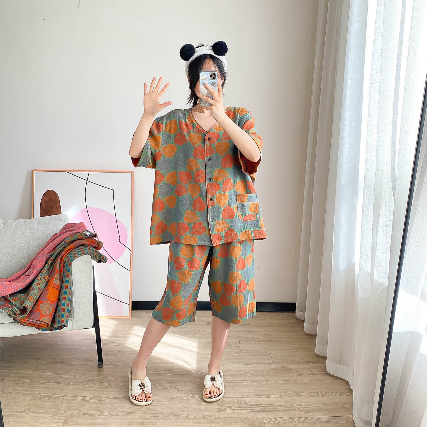 Ensemble de vêtements d'intérieur à manches courtes et imprimé jacquard vintage grande taille