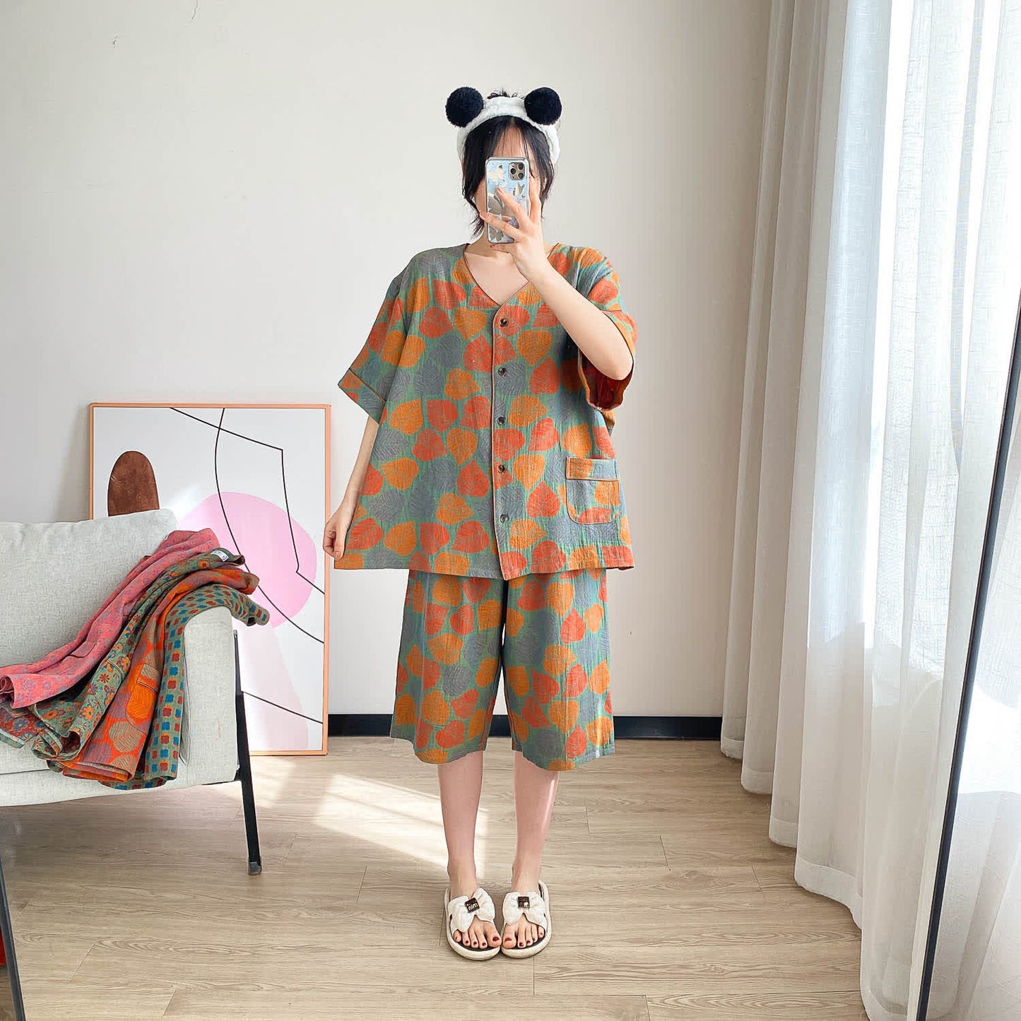Ensemble de vêtements d'intérieur à manches courtes et imprimé jacquard vintage grande taille