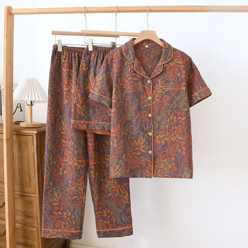 Ensemble de vêtements d'intérieur à manches courtes en coton teint en fil style jacquard (3 pièces)