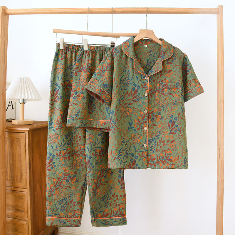 Ensemble de vêtements d'intérieur à manches courtes en coton teint en fil style jacquard (3 pièces)