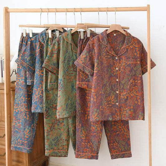 Ensemble de vêtements d'intérieur à manches courtes en coton teint en fil style jacquard (3 pièces)