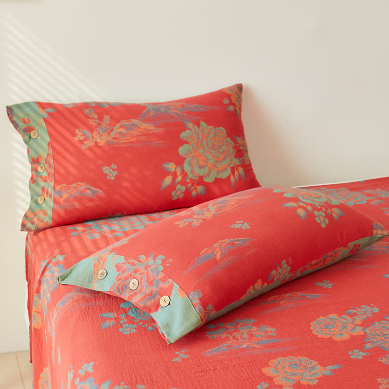 Couvre-lit réversible en gaze de coton jacquard teint en fil pivoine