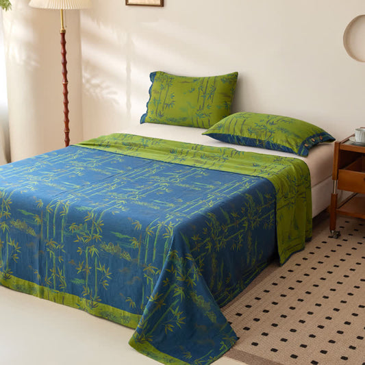 Couette réversible en gaze de coton teint en fil avec imprimé bambou - Bleu - 2 taies d'oreiller - 48 cm x 74 cm - image 1