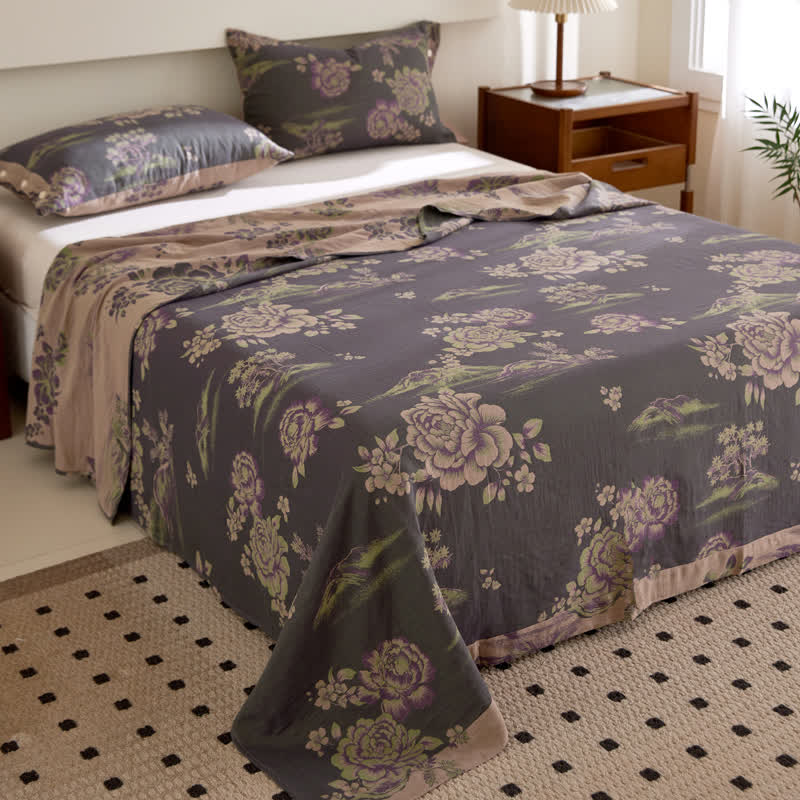 Couette réversible luxueuse en gaze de coton florale teinte en fil