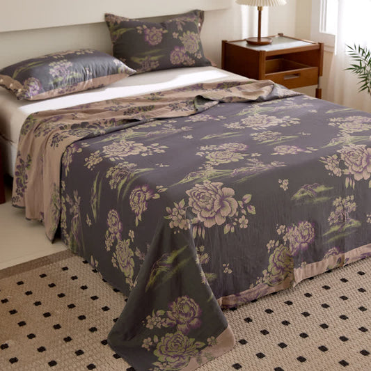 Couette réversible luxueuse en gaze de coton florale teinte en fil