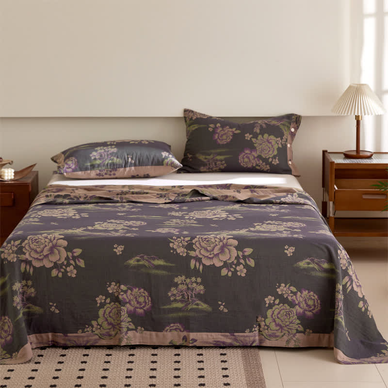 Couette réversible luxueuse en gaze de coton florale teinte en fil