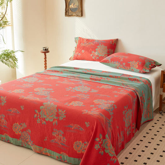 Couvre-lit réversible en gaze de coton jacquard teint en fil pivoine