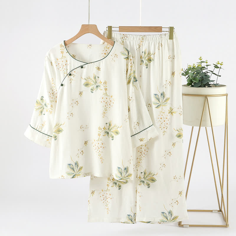 Ensemble pyjama col rond à motif floral en fibre de bambou