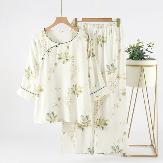 Ensemble pyjama col rond à motif floral en fibre de bambou