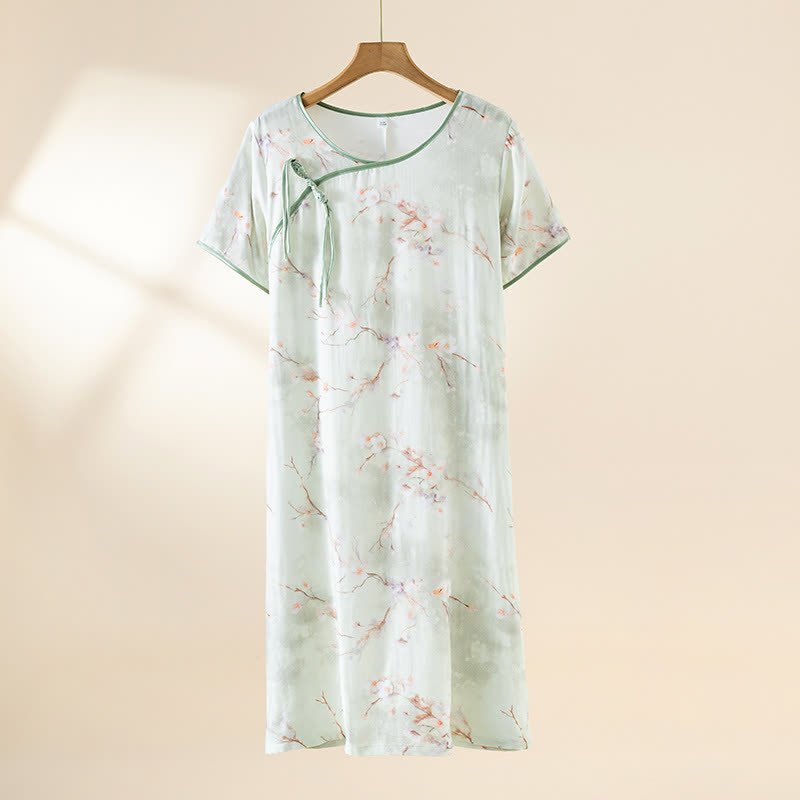 Chemise de nuit en coton à col rond et motif fleur de prunier