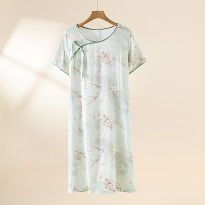 Chemise de nuit en coton à col rond et motif fleur de prunier