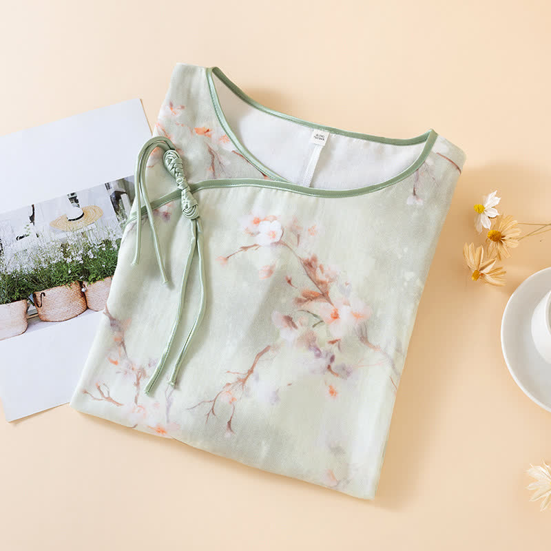 Chemise de nuit en coton à col rond et motif fleur de prunier