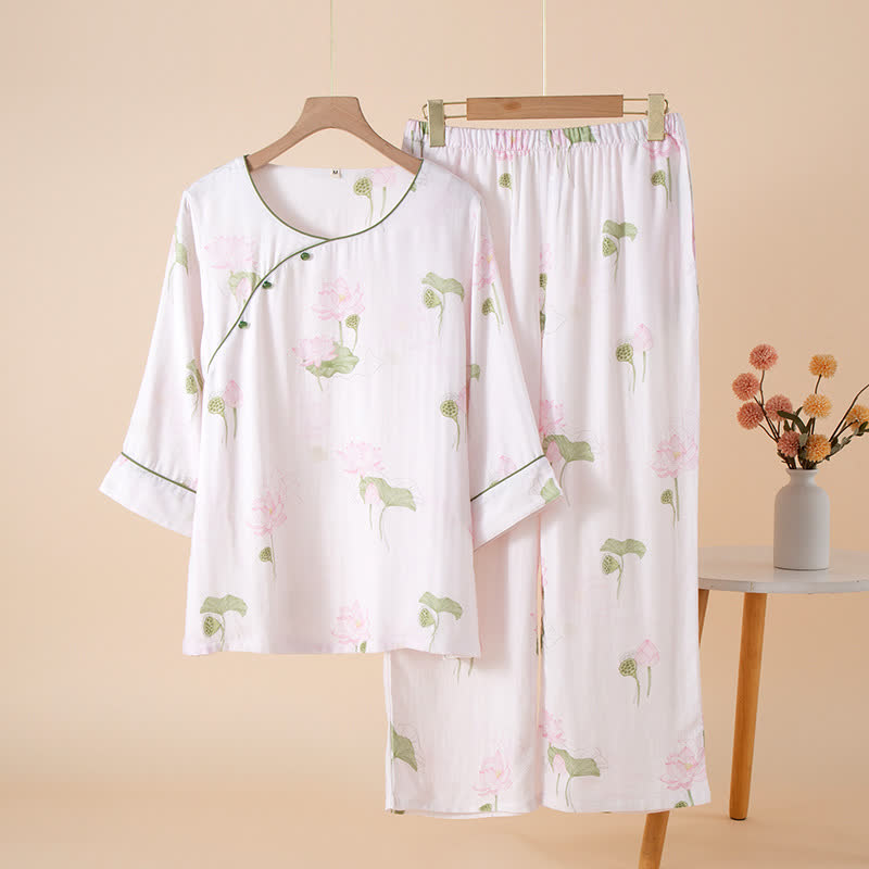 Ensemble pyjama col rond en fibre de bambou avec motif lotus