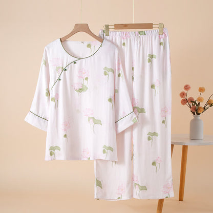 Ensemble pyjama col rond en fibre de bambou avec motif lotus