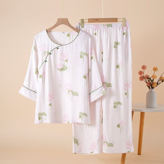 Ensemble pyjama col rond en fibre de bambou avec motif lotus