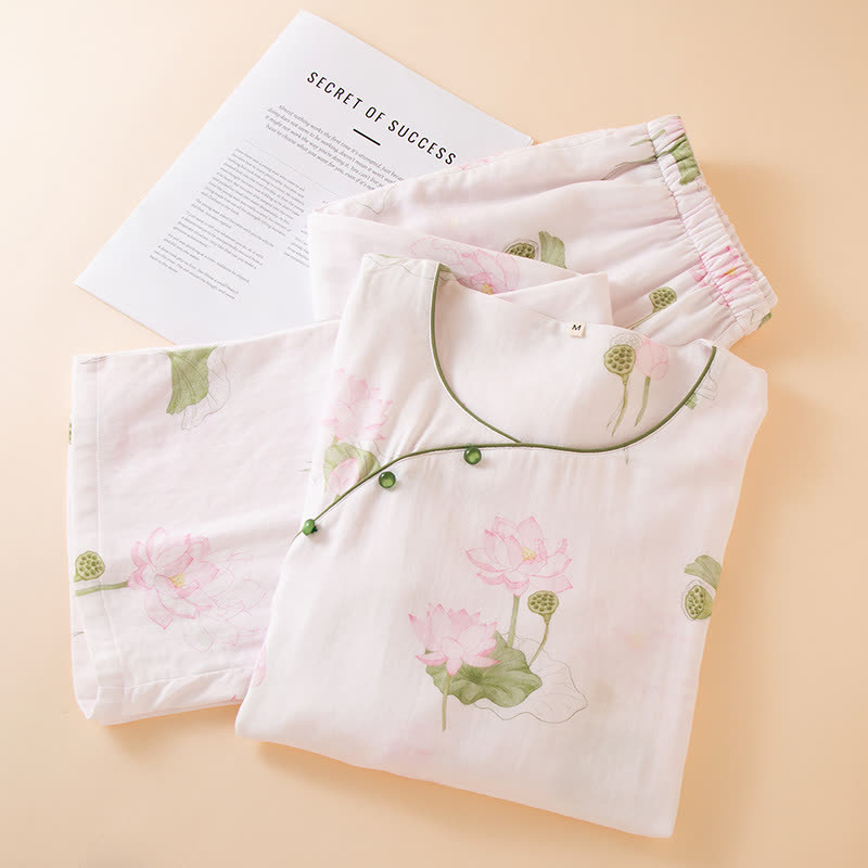 Ensemble pyjama col rond en fibre de bambou avec motif lotus