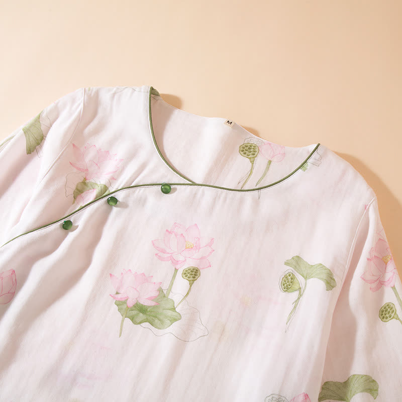 Ensemble pyjama col rond en fibre de bambou avec motif lotus