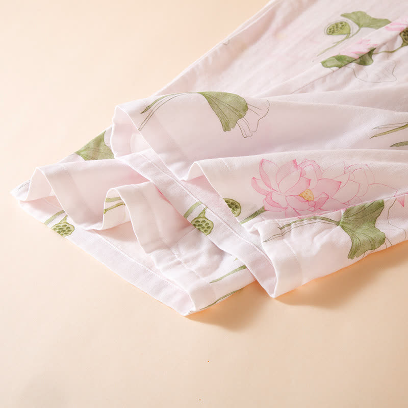 Ensemble pyjama col rond en fibre de bambou avec motif lotus