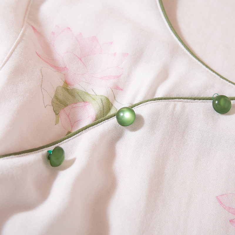 Ensemble pyjama col rond en fibre de bambou avec motif lotus