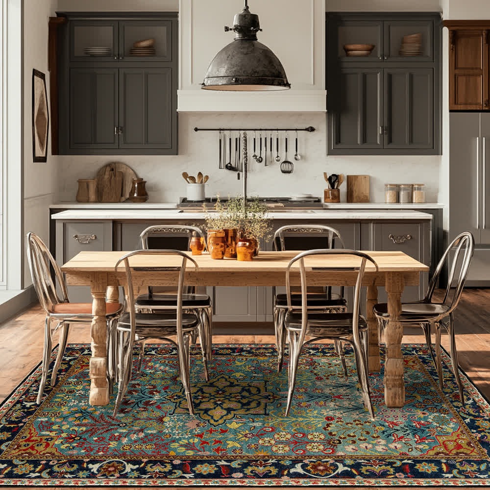 Tapis intérieur-extérieur antidérapant à motif floral bohème