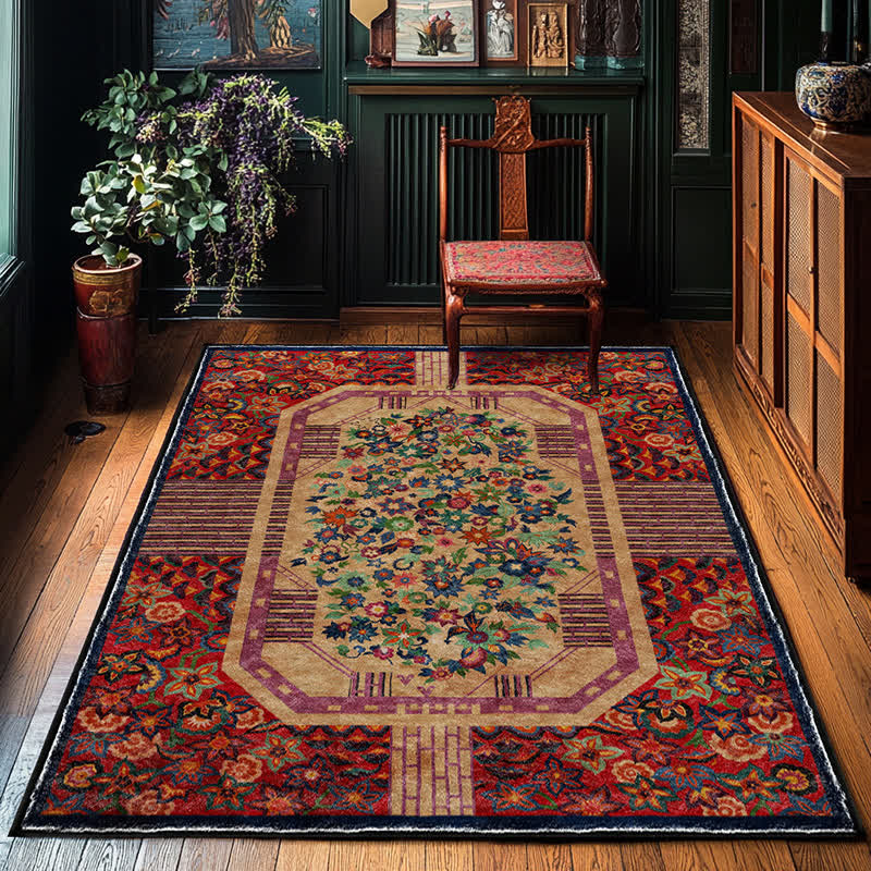 Tapis intérieur/extérieur vintage antidérapant et pliable à motif floral