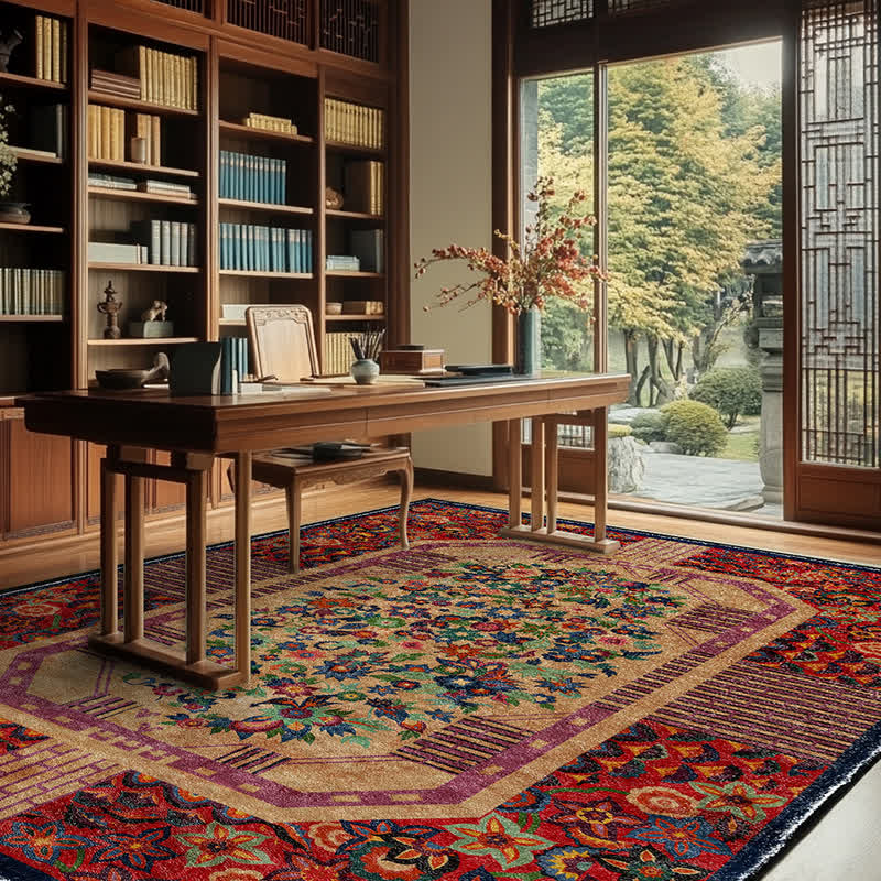 Tapis intérieur/extérieur vintage antidérapant et pliable à motif floral