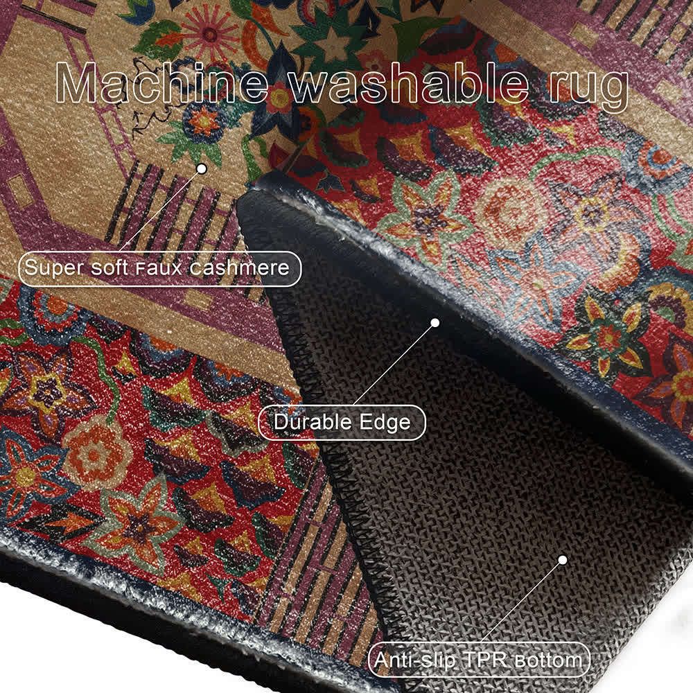 Tapis intérieur/extérieur vintage antidérapant et pliable à motif floral