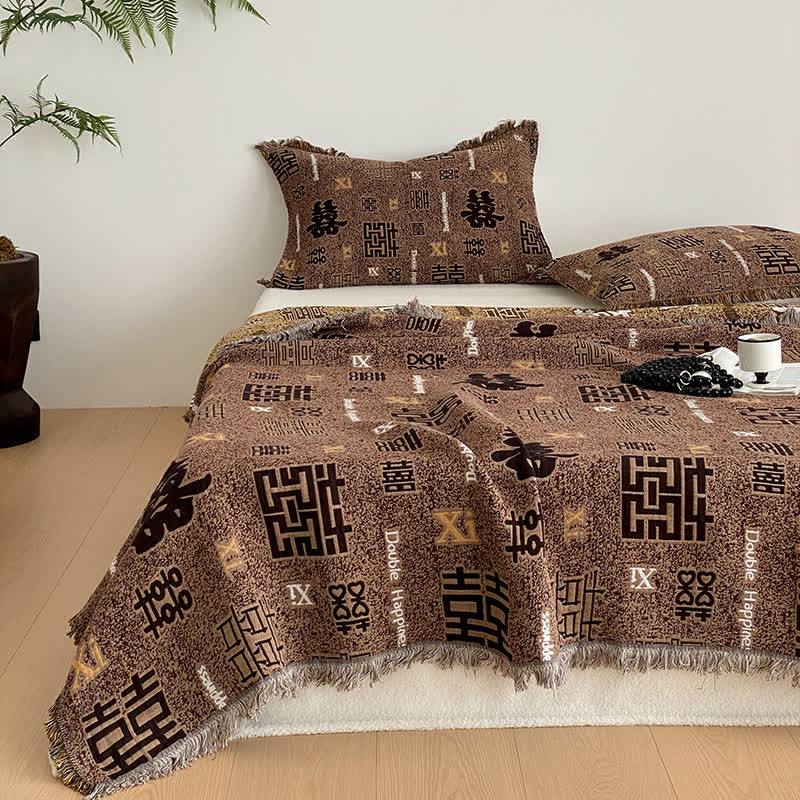 Couette rétro à quatre couches en gaze de coton avec pompons